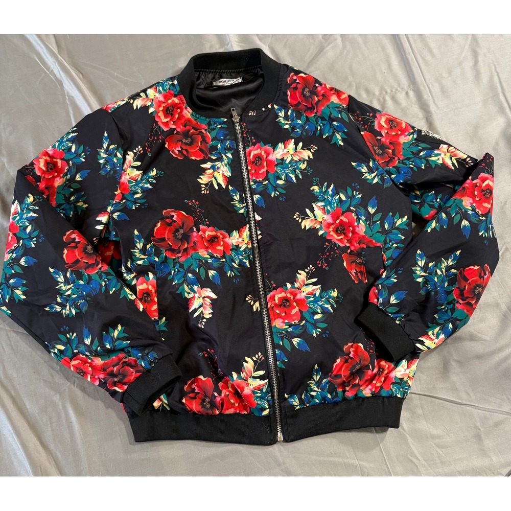 Zeagoo Womens Floral Bomber Jacket‎ Black Red Flower Print Zip Up Size M